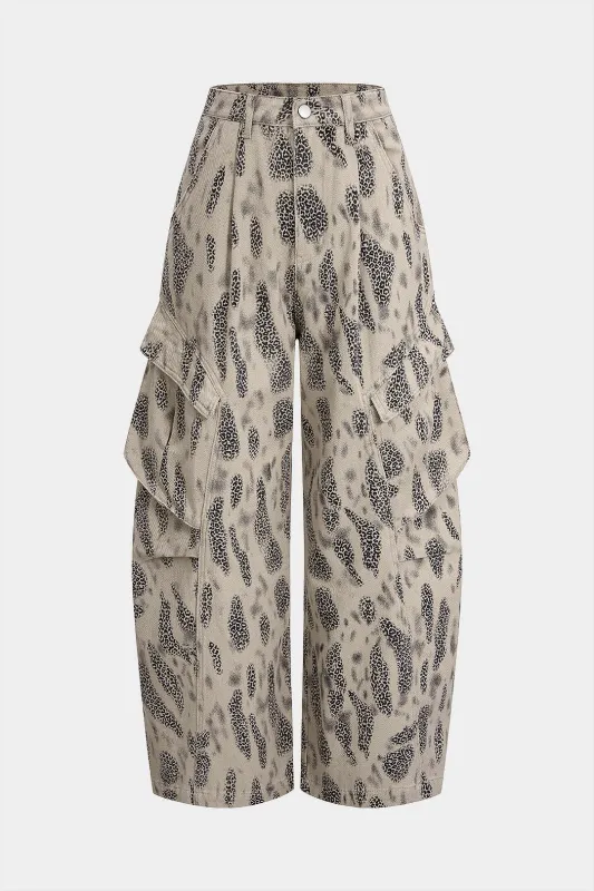 Denim Leopard Print Pleated Zipper Wide Leg Jeans made by Micas