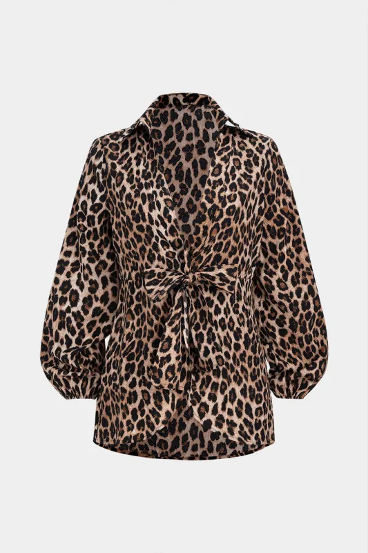 Leopard Print V-Neck Tie-Up Long-Sleeve Shirt sold by Micas