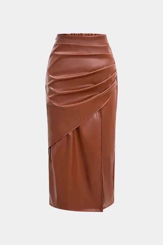Faux Leather Asymmetrical Ruched High Waist Split Skirt sold by Micas