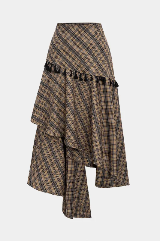 Plaid Print Tassel Asymmetrical Skirt sold by Micas