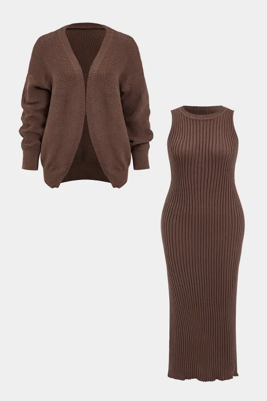 Plus Size Knit Ribbed Sleeveless Dress And Cardigan Set sold by Micas
