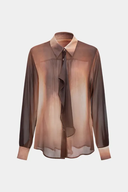 Tie Dye Ombre Print Chiffon Button Ruffle Long-Sleeve Top sold by Micas