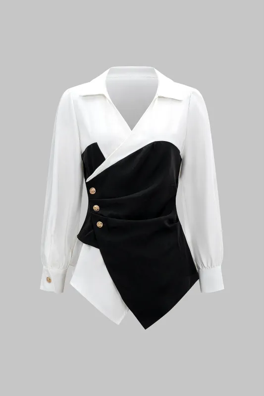 Metallic Decor Contrast Pleated V-Neck Long-Sleeve Shirt made by Micas