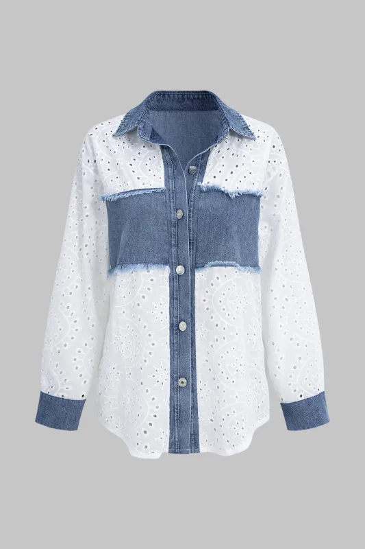 Denim Button Patchwork Cut Out Long Sleeve Shirt sold by Micas