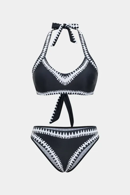Contrast Print Tie Front Backless Bikini Set sold by Micas