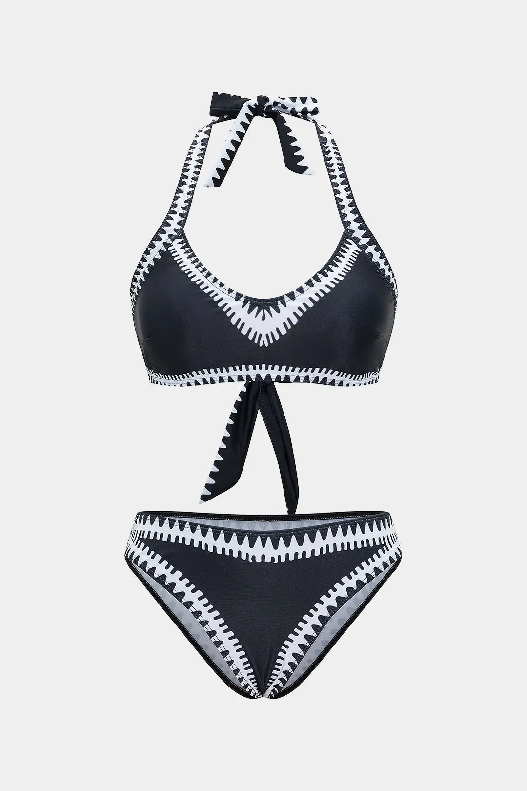 Contrast Print Tie Front Backless Bikini Set sold by Micas