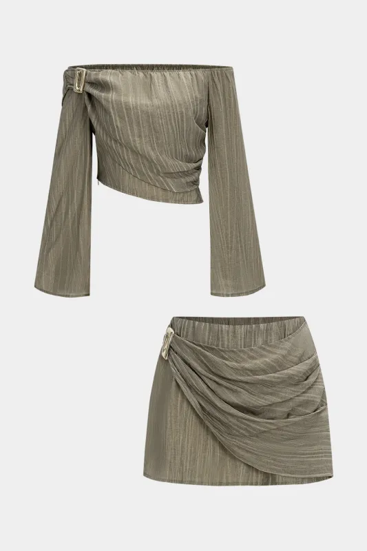 Off Shoulder Stripes Print Long Sleeve Crossed Top And Ruched Mini Skirt Set sold by Micas