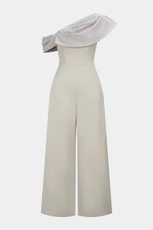 One Shoulder Patchwork Ruched Zipper Wide Leg Jumpsuit sold by Micas
