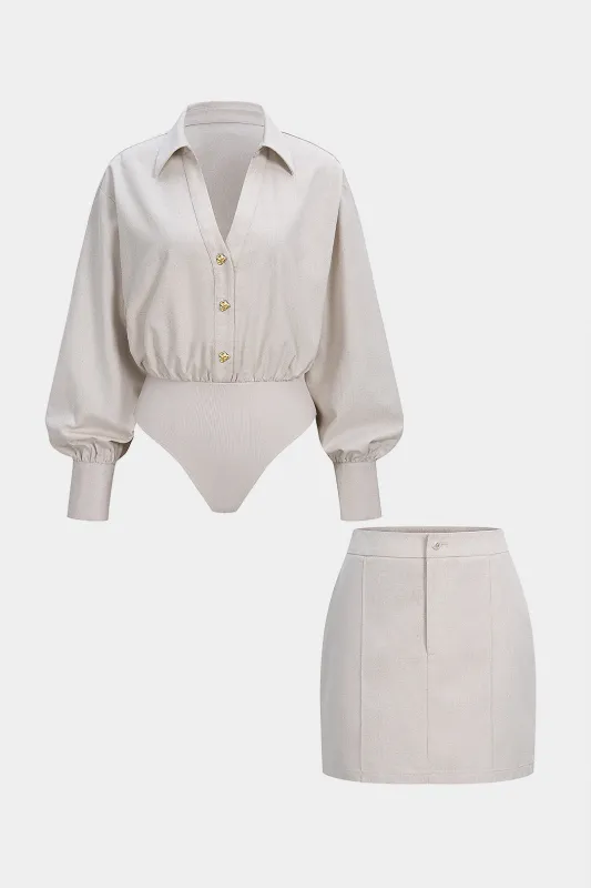 Linen Patchwork Metallic Button Ruched V-Neck Bodysuit And Mini Skirt Set sold by Micas