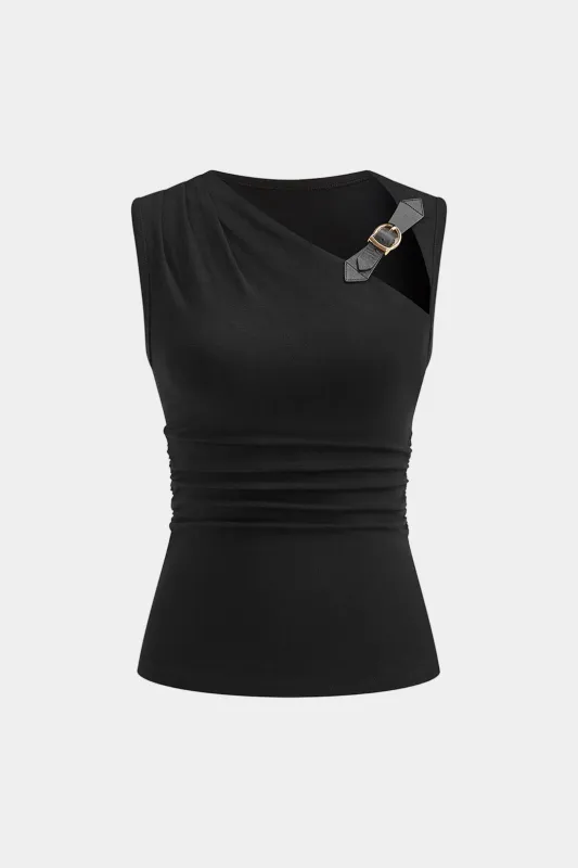 Solid Ruched Asymmetrical Buckle Detail Tank Top sold by Micas