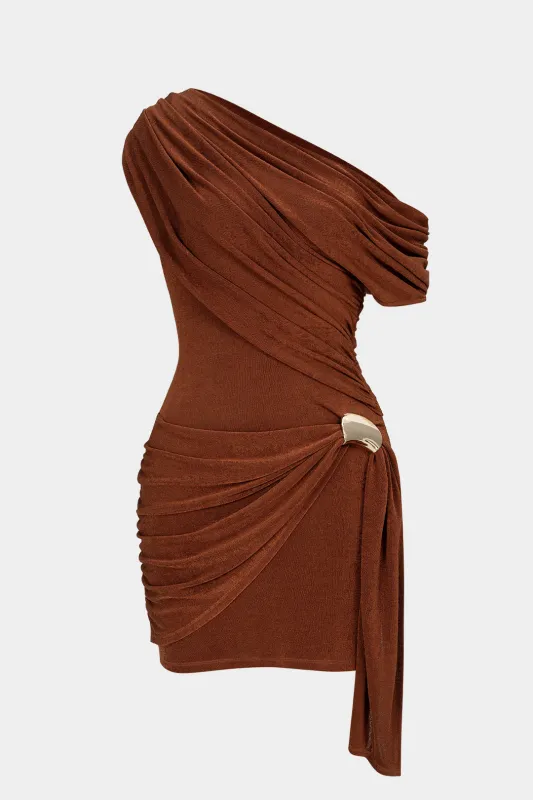 Mesh One Shoulder Metallic Ruched Asymmetrical Sleeveless Mini Dress sold by Micas