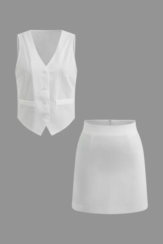 Solid V-Neck Button Sleeveless Top And Zipper Skirt Set sold by Micas