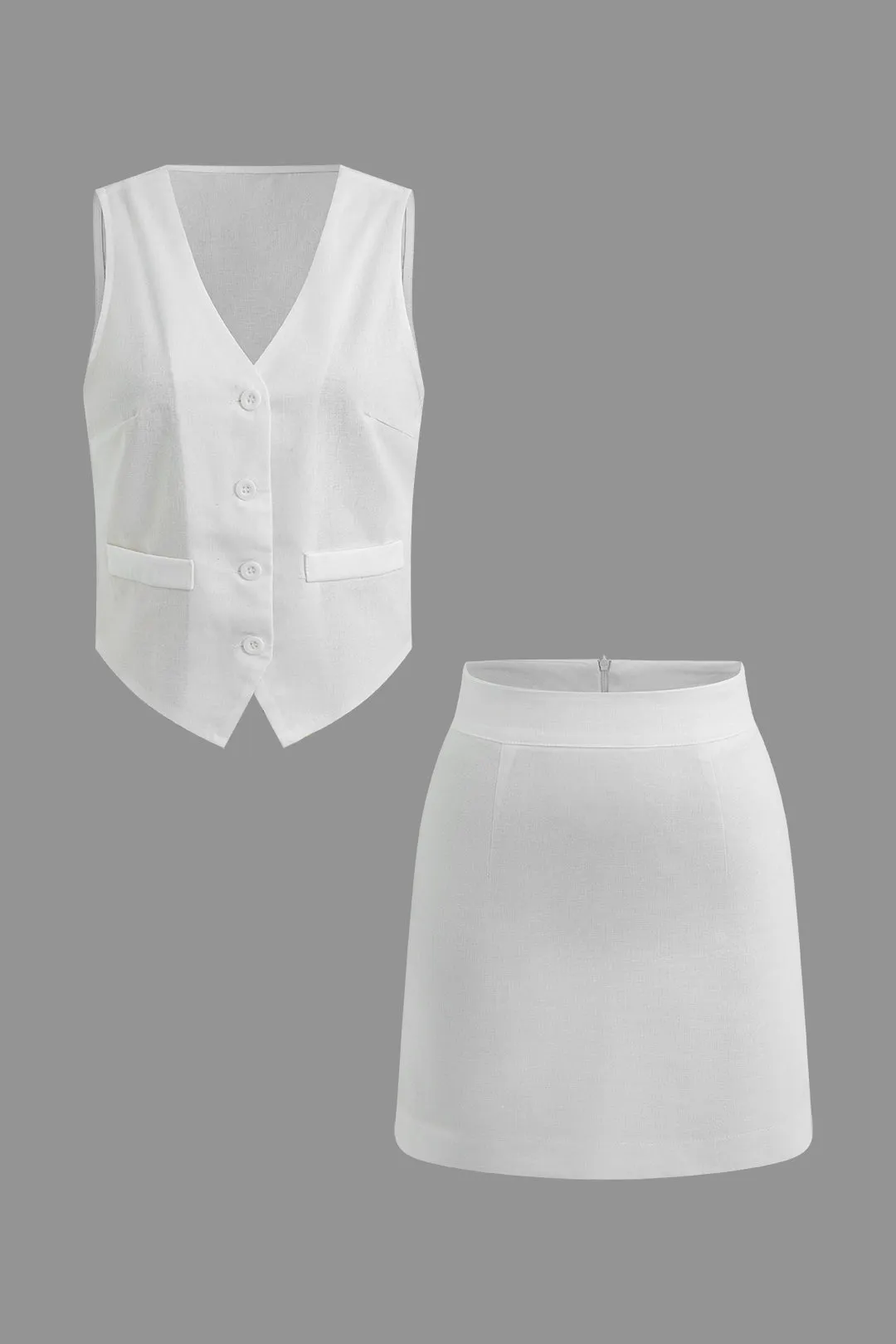Solid V-Neck Button Sleeveless Top And Zipper Skirt Set sold by Micas