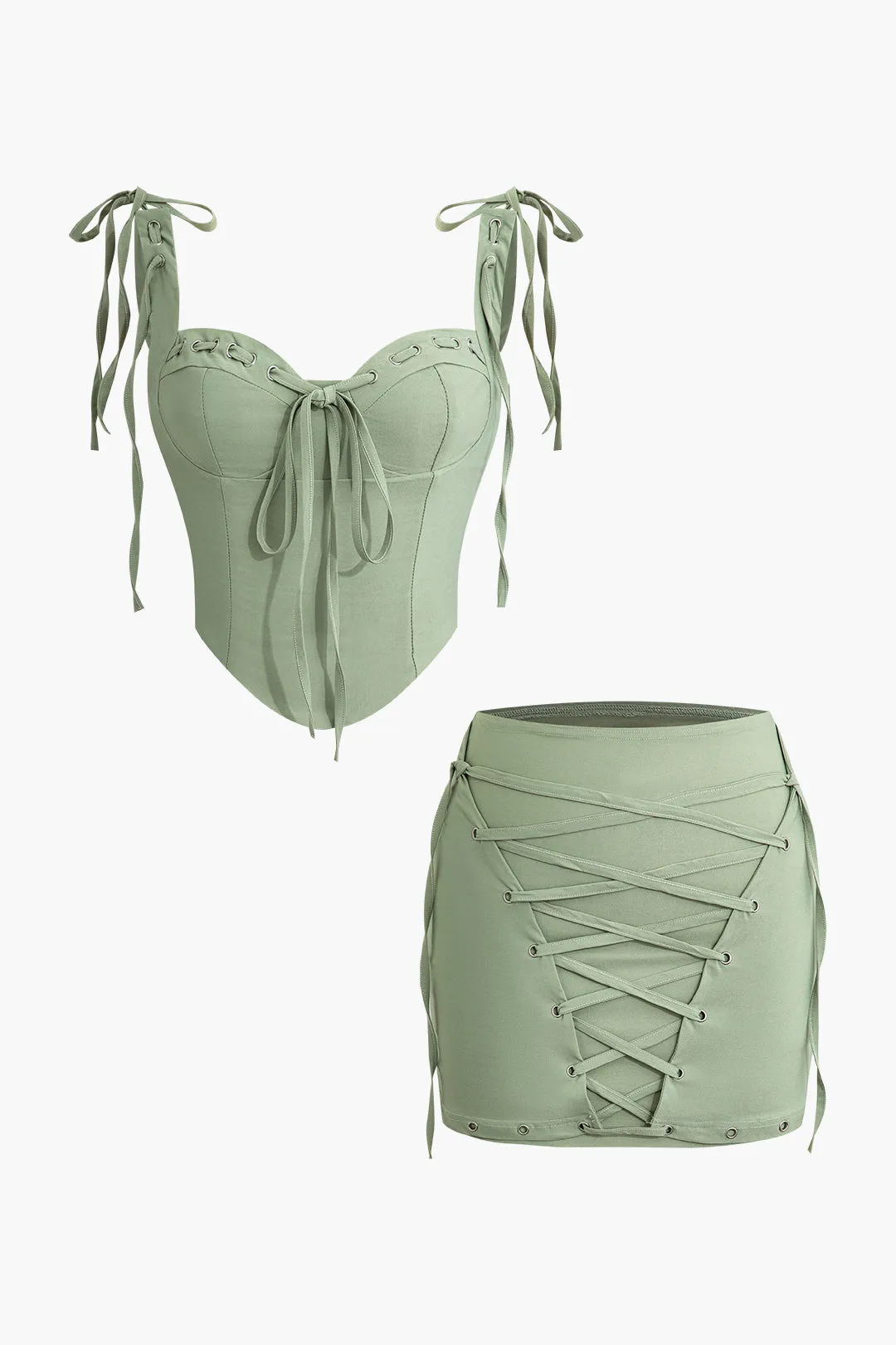 Solid Tie Up Zipper Corset Top And Bodycon Skirt Set sold by Micas