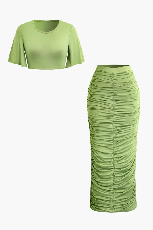 Round Neck Ruffle Sleeves Top And Ruched High-Waisted Skirt Set sold by Micas