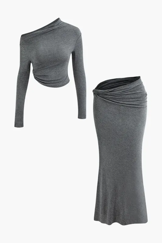 Single Shoulder Ruched Long Sleeve Top And Asymmetrical Skirt Set sold by Micas
