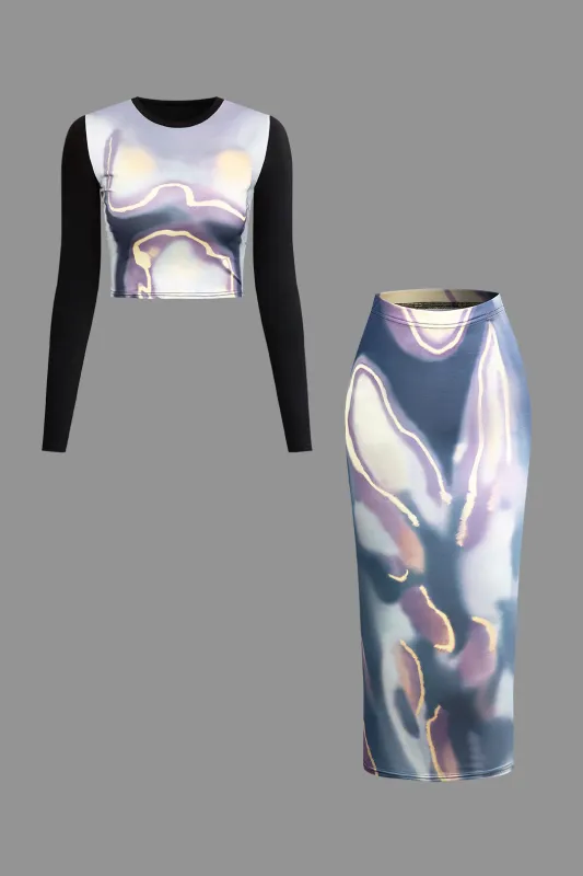 Watercolor Print Long Sleeve Round Neck Top And Long Skirt Set sold by Micas