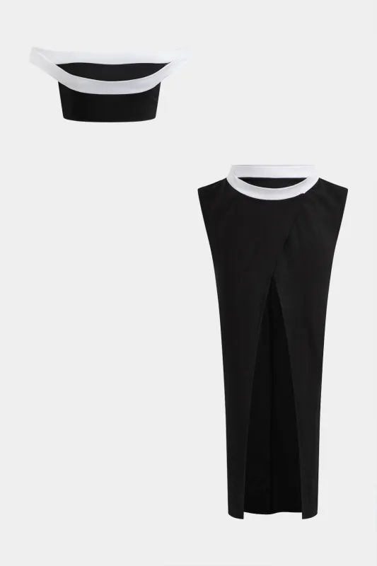 Contrast Off-Shoulder Sleeveless Top And High-Waisted Split Skirt Set sold by Micas