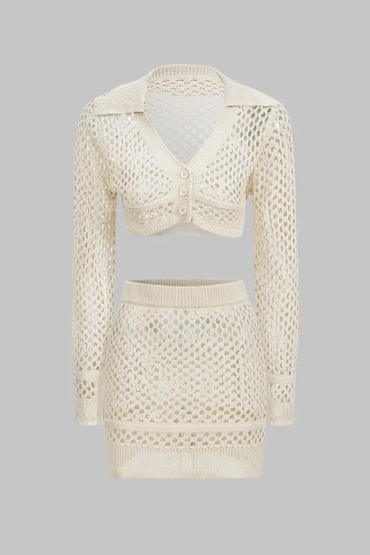 Knit Hollow Out  Button Long Sleeve Top And Skirt Set sold by Micas