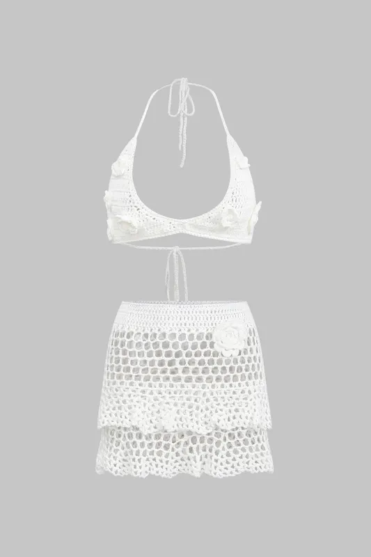 Knit 3D Flower Decor Hollow Out  Tie Up Cami Top And Skirt Set sold by Micas