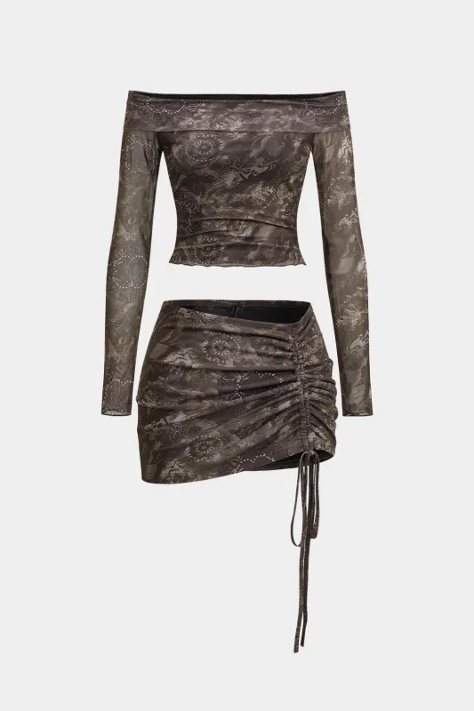 Floral Print Mesh Off-Shoulder Long Sleeve Top And Drawstring Skirt Set sold by Micas