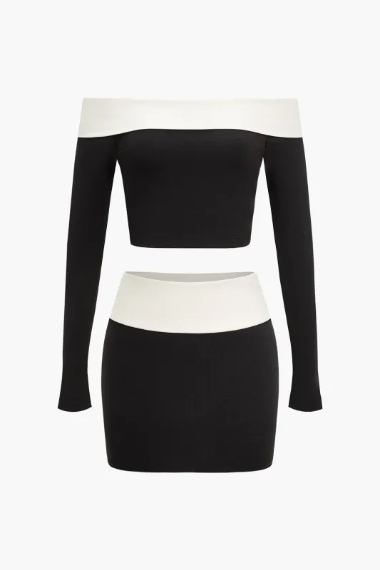 Contrast Off-Shoulder Long-Sleeve Top And Bodycon Skirt Set sold by Micas