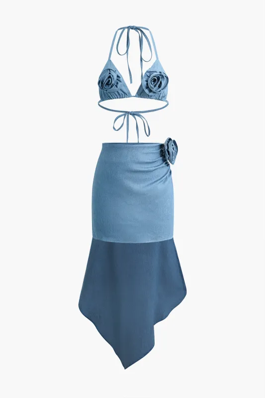 3D Flower Decor Halter Neck Tie-Up Backless Top And Contrast Asymmetrical Skirt Set made by Micas