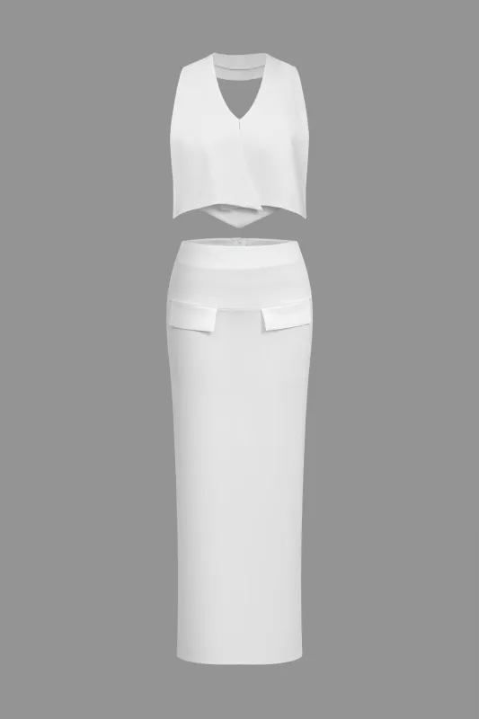 Solid Backless V-Neck Sleeveless Top And Faux Pocket Zipper Skirt Set sold by Micas