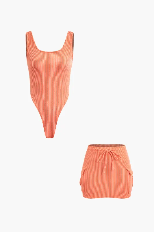 Stripes Bikini And Drawstring Pocket Skirt Set sold by Micas