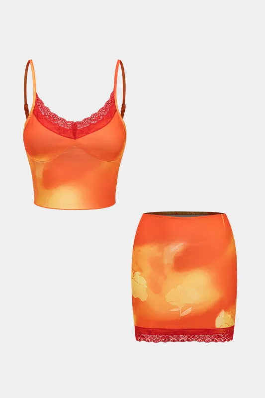 Floral Print Lace Cami Top And Bodycon Skirt Set sold by Micas
