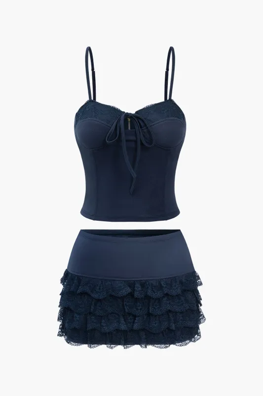 Lace Tie Up Corset Top And Lace Patchwork Short Skirt Set sold by Micas