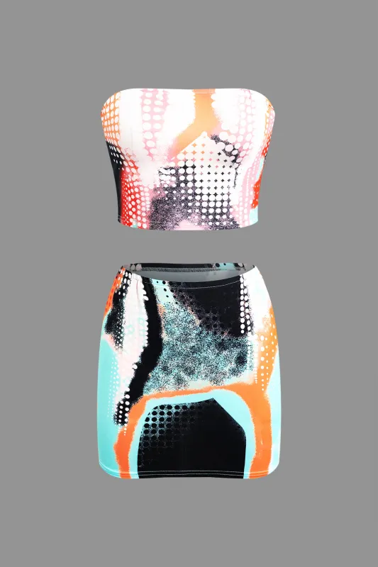 Abstract Polka Dots Print Bustier Top And Short Skirt Set sold by Micas
