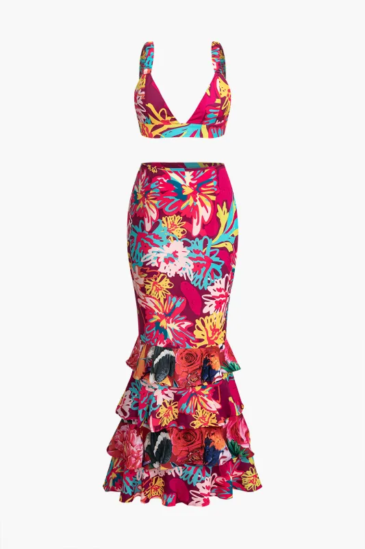 Chiffon Floral Print V-Neck Backless Top And Bodycon Skirt Set sold by Micas