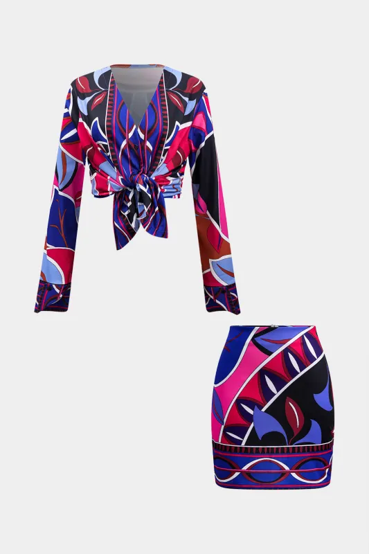 Abstract Print Button V-Neck Tie Up Long Sleeve Top And Short Skirt Set sold by Micas