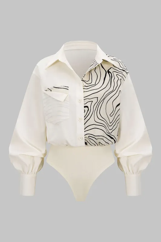 Abstract Print Patchwork Button Pocket Long Sleeve Bodysuit sold by Micas