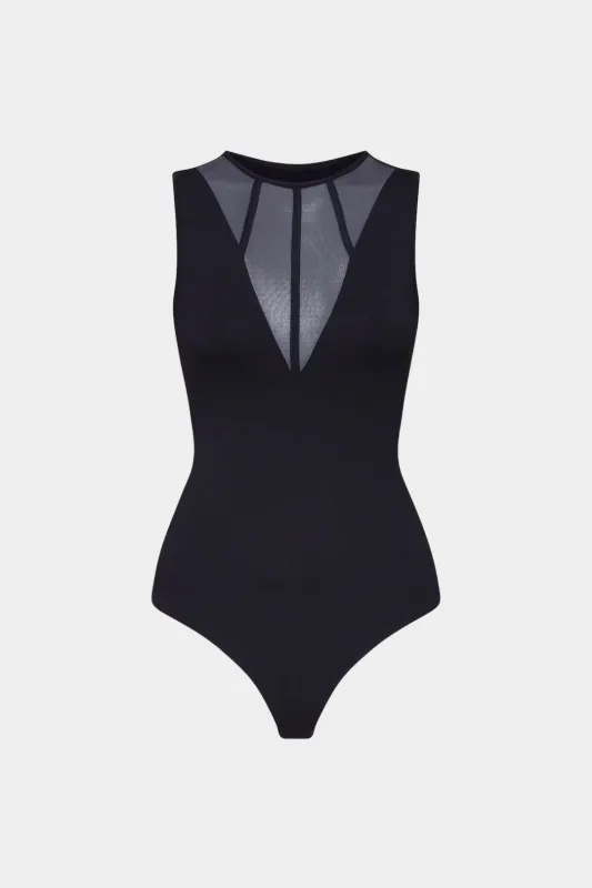 Sheer Mesh Patchwork Round Neck Sleeveless Bodysuit sold by Micas
