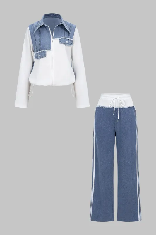 Denim Patchwork Frayed Drawstring Asymmetrical Outerwear And Shirred Waistband Jeans Set sold by Micas