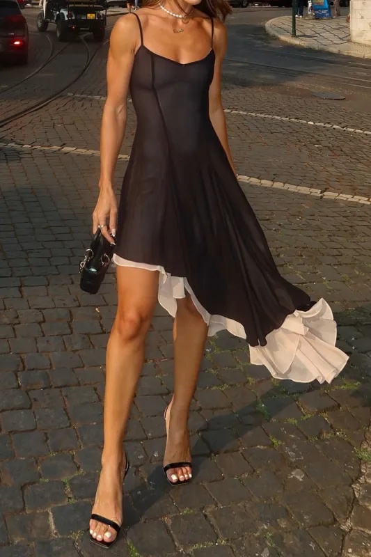 Chiffon Contrast Asymmetrical Irregular Hem Sleeveless Mini Dress sold by Micas