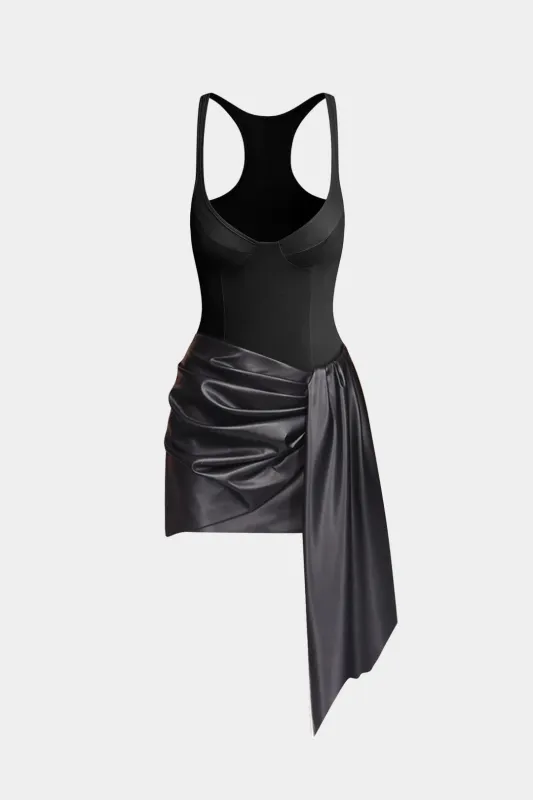 Faux Leather Patchwork Ruched Asymmetrical Sleeveless Mini Dress made by Micas