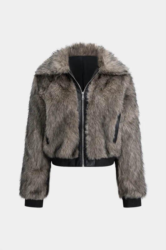 Faux Fur Patchwork Pocket Lapel Zipper Jacket sold by Micas