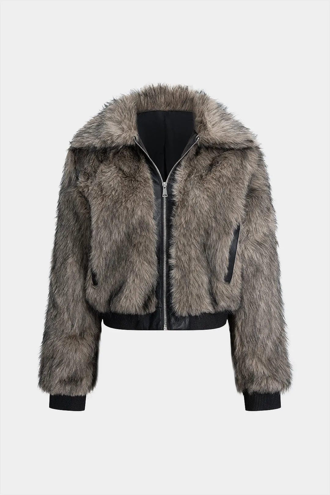 Faux Fur Patchwork Pocket Lapel Zipper Jacket sold by Micas