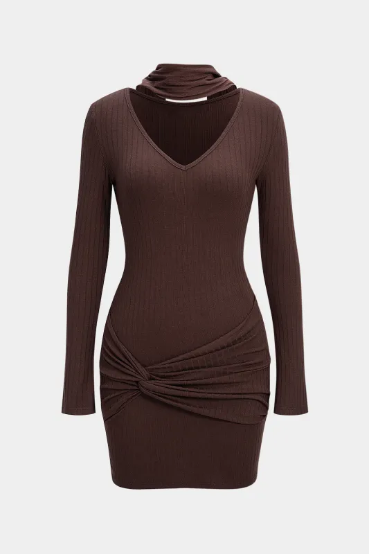 Twist Knot V-Neck Long Sleeve Mini Dress With Scarf sold by Micas