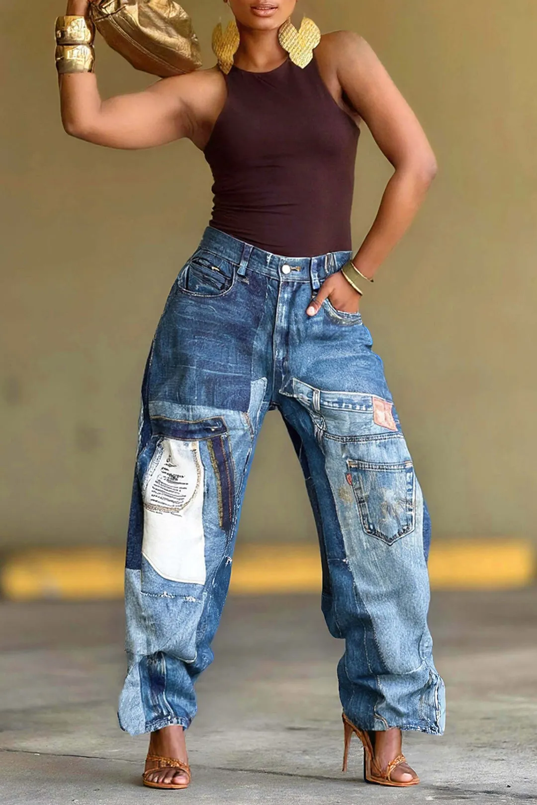 Plus Size Abstract Print Pocket Zipper Jeans sold by Micas product image thumbnail 3