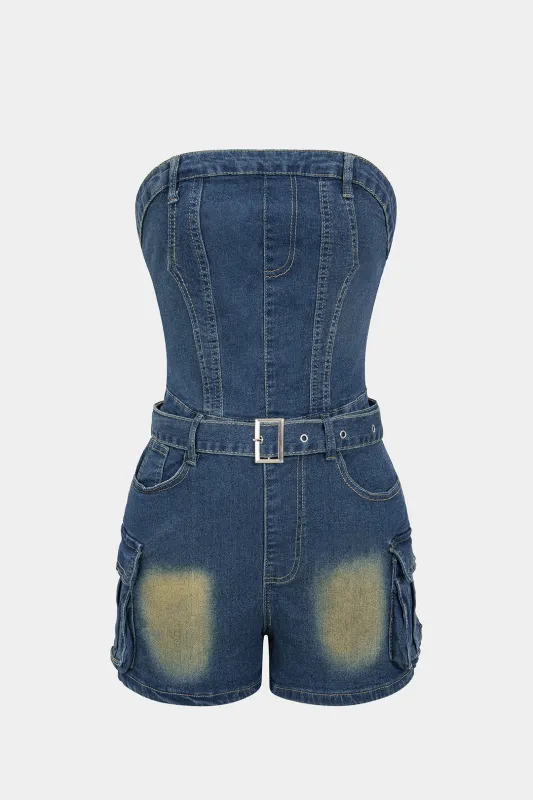 Denim Belted Backless Sleeveless Romper sold by Micas