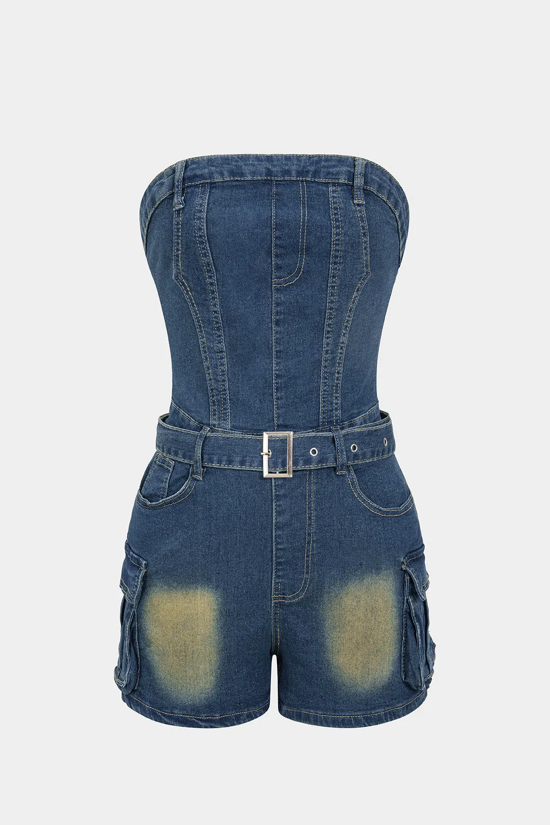 Denim Belted Backless Sleeveless Romper sold by Micas