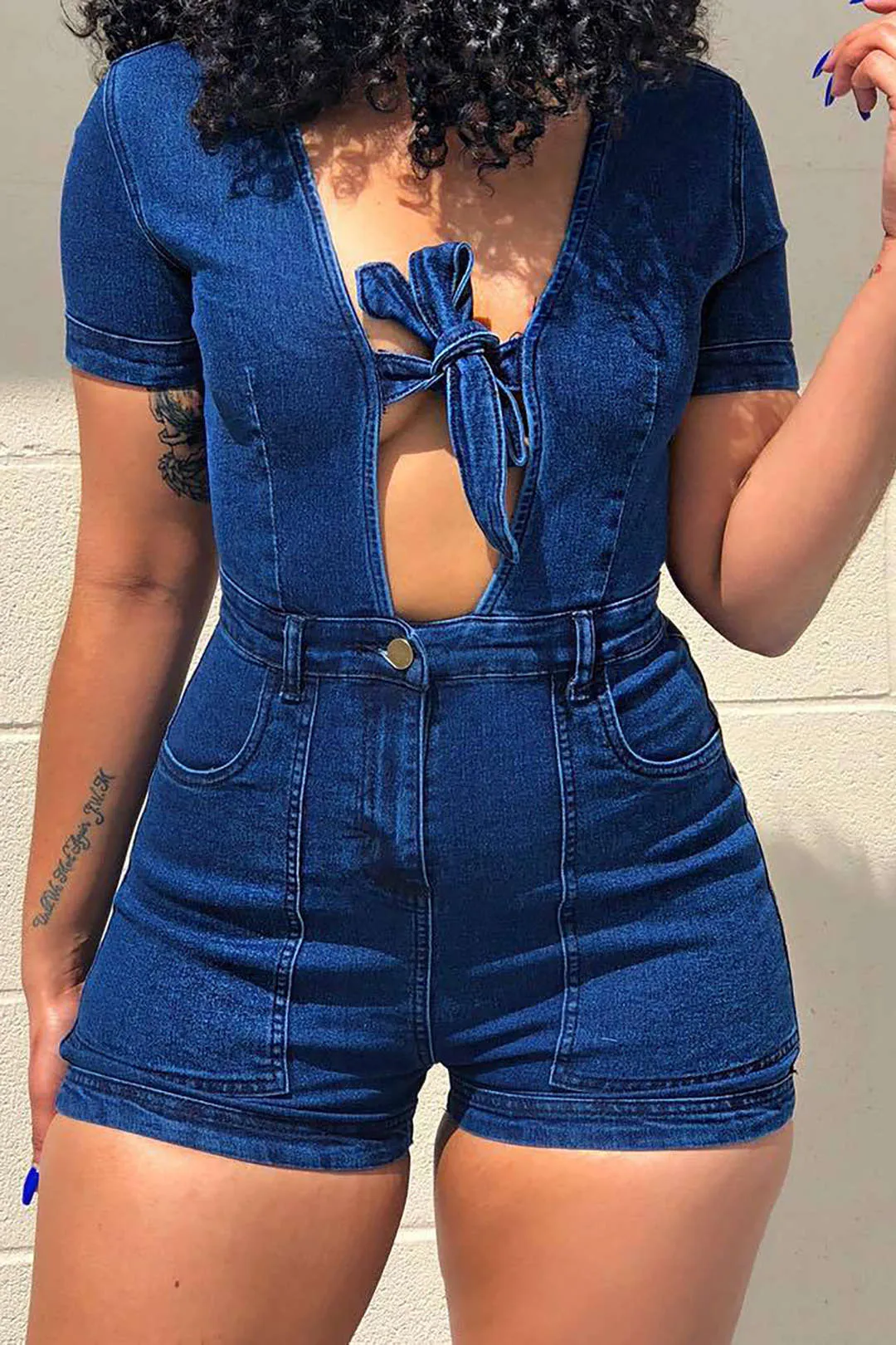 Denim Cut Out Tie Up Short Sleeve Jumpsuit sold by Micas product image thumbnail 2