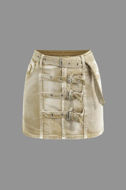 Denim Multiple Button Belted Skirt sold by Micas