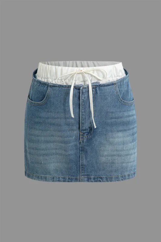 Denim Double Waistband Shirred Washed Pocket Zipper Skirt sold by Micas
