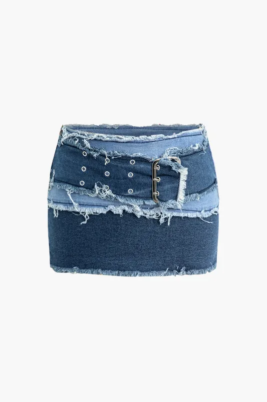Denim Patchwork Ripped Washed Belted Skirt sold by Micas