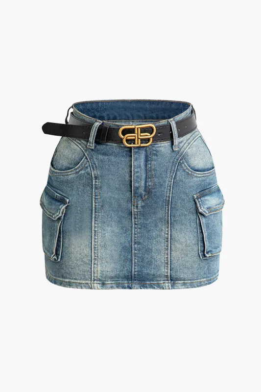 Denim 3D Pocket Metallic Decor High Waist Skirt sold by Micas